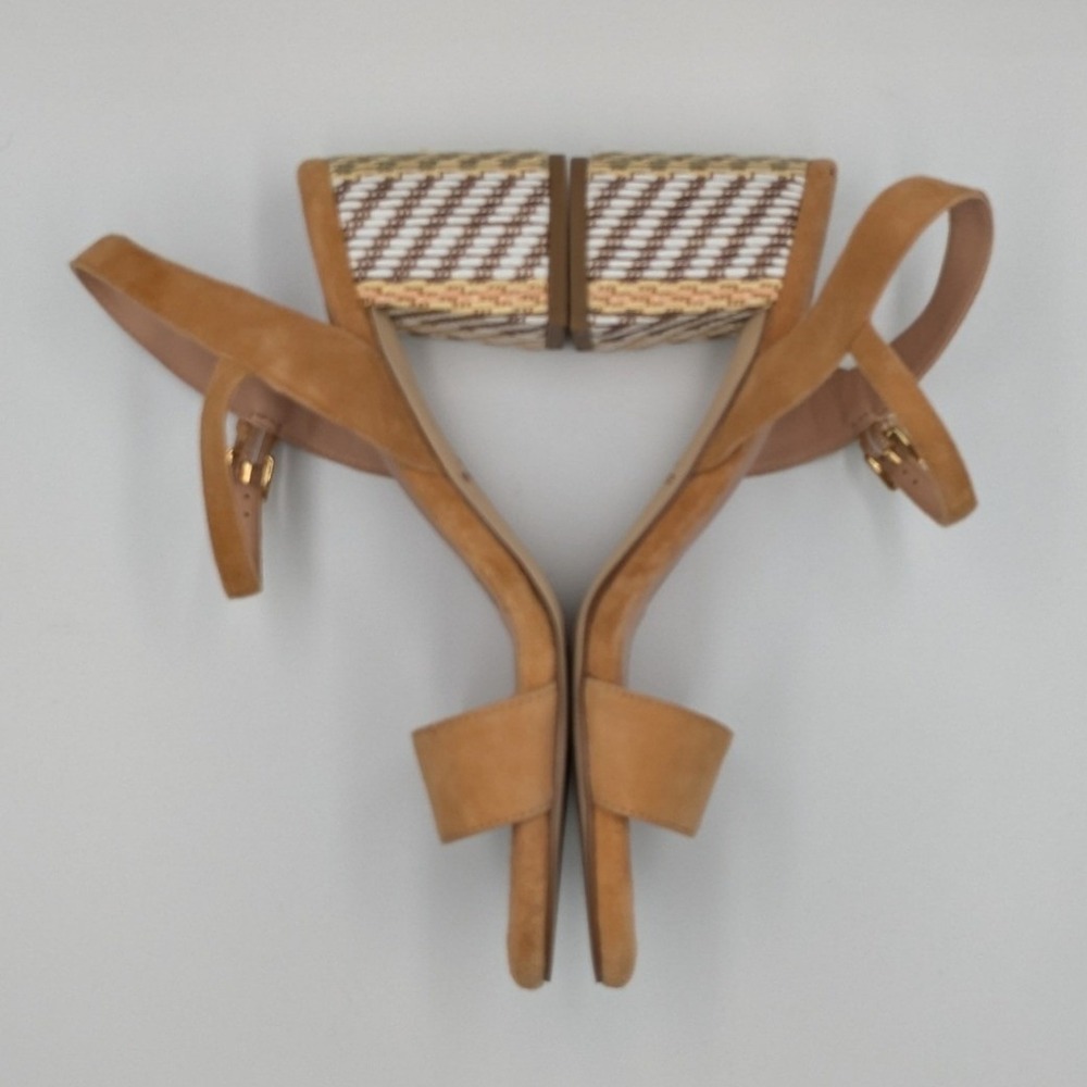 Cole Haan Grand 360 Tan Suede Woven Block Heel Ankle Strap Sandals 7B Resortwear - Picture 3 of 9